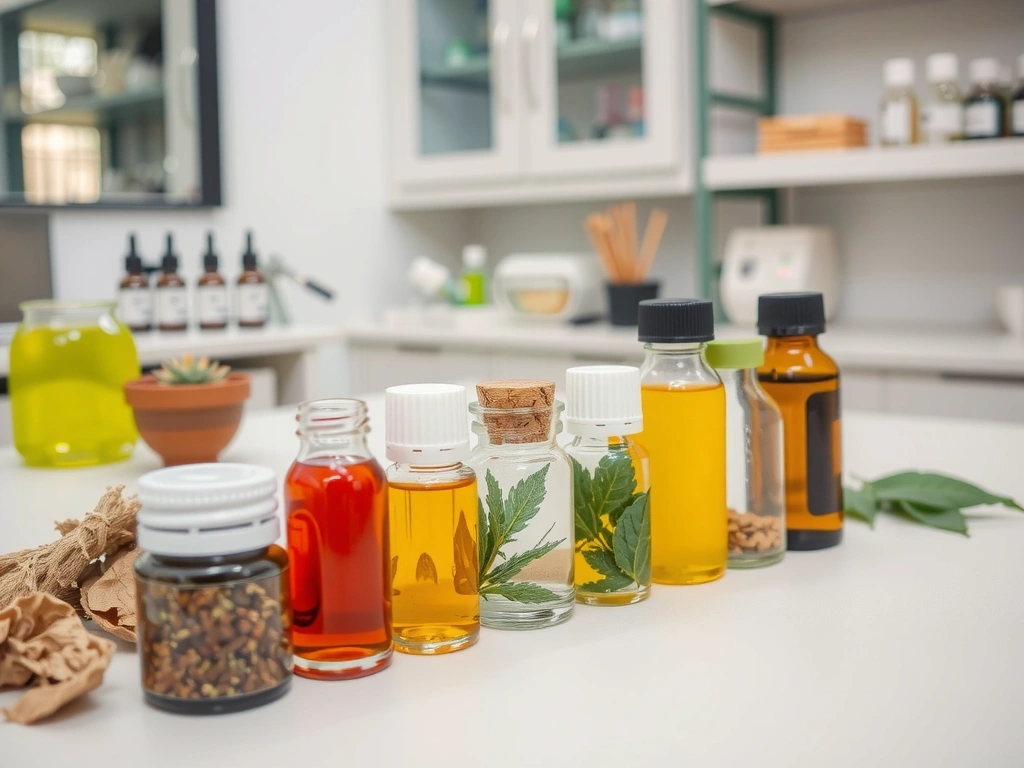 A close-up of various natural ingredients like herbs, essential oils, and botanical extracts, arranged scientifically in a lab setting, symbolizing product development.