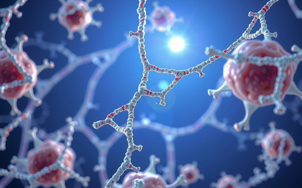 Microscopic view of skin cells and collagen fibers, illustrating the science of anti-aging.