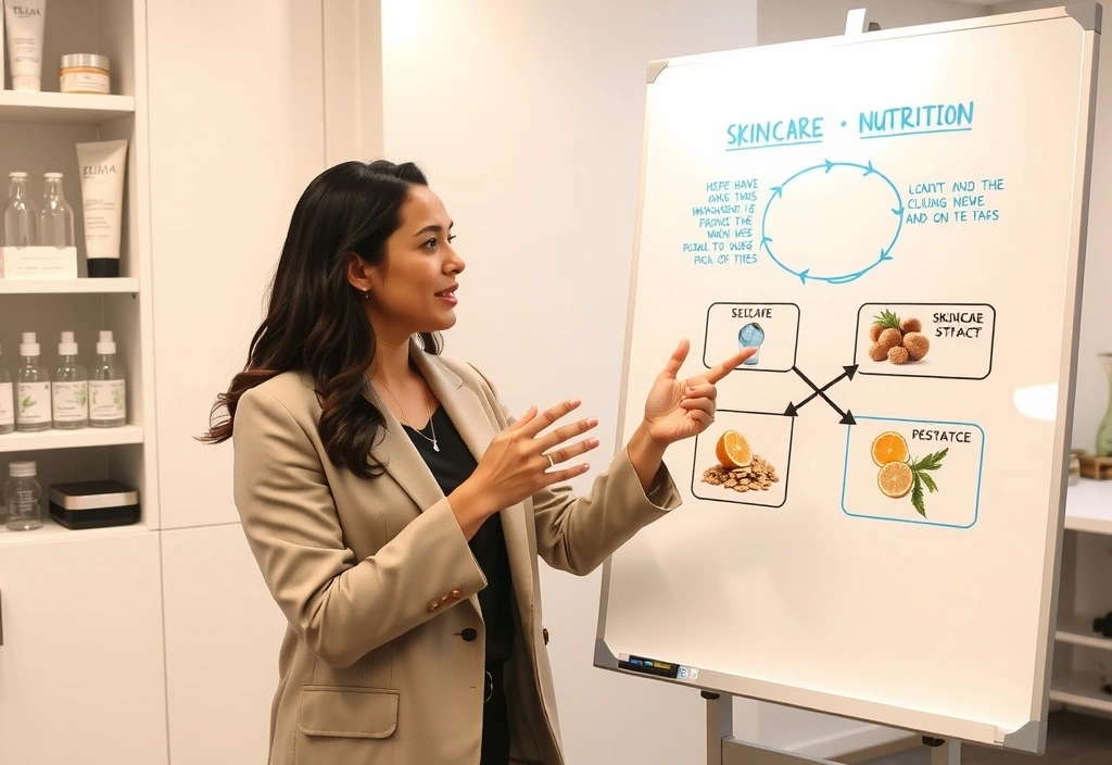 Expert discussing health and beauty topics with a whiteboard
