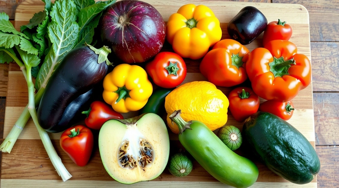 Variety of colorful fresh fruits and vegetables on a cutting board