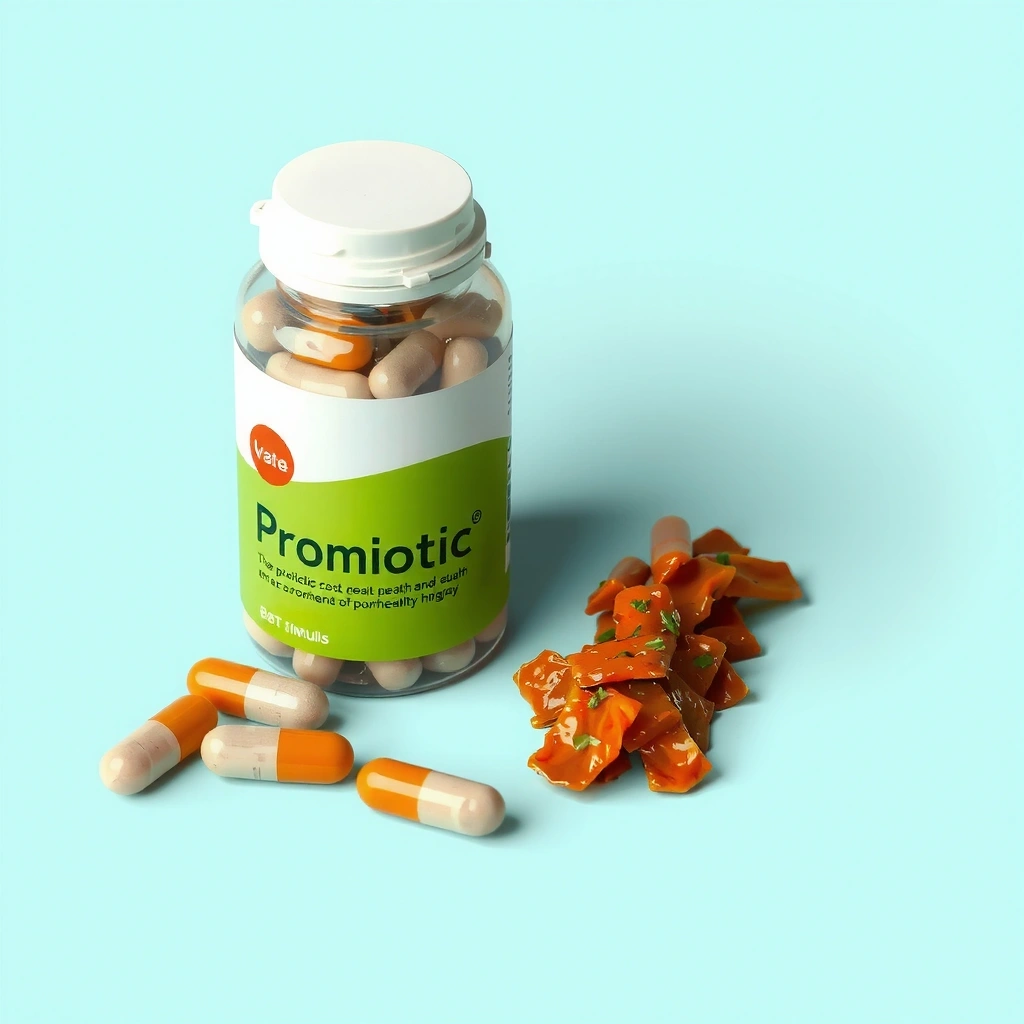 Probiotic capsules or fermented foods like kimchi, symbolizing the link between gut health and immunity.