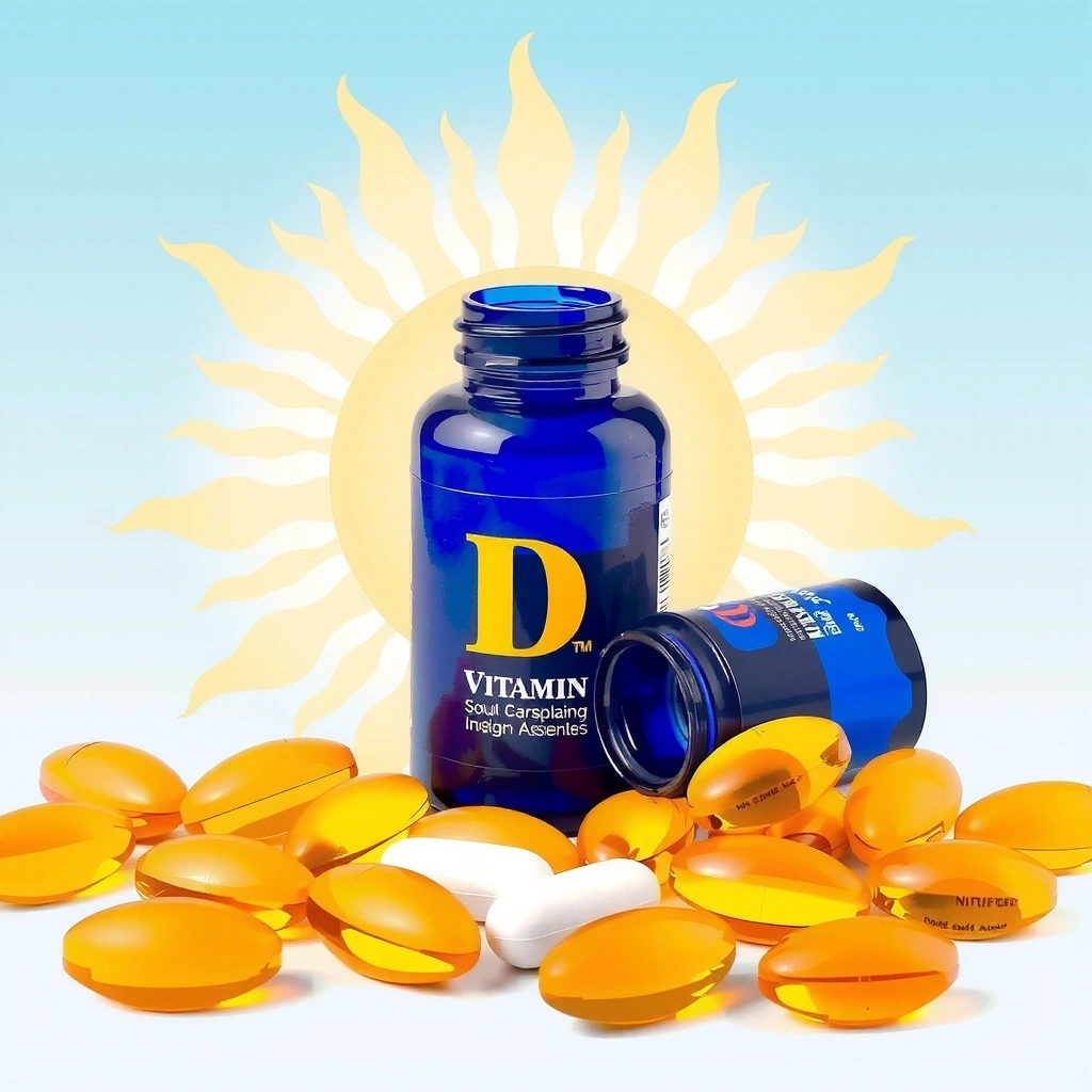 Vitamin D supplements or sun rays, symbolizing the importance of Vitamin D for immune system modulation.