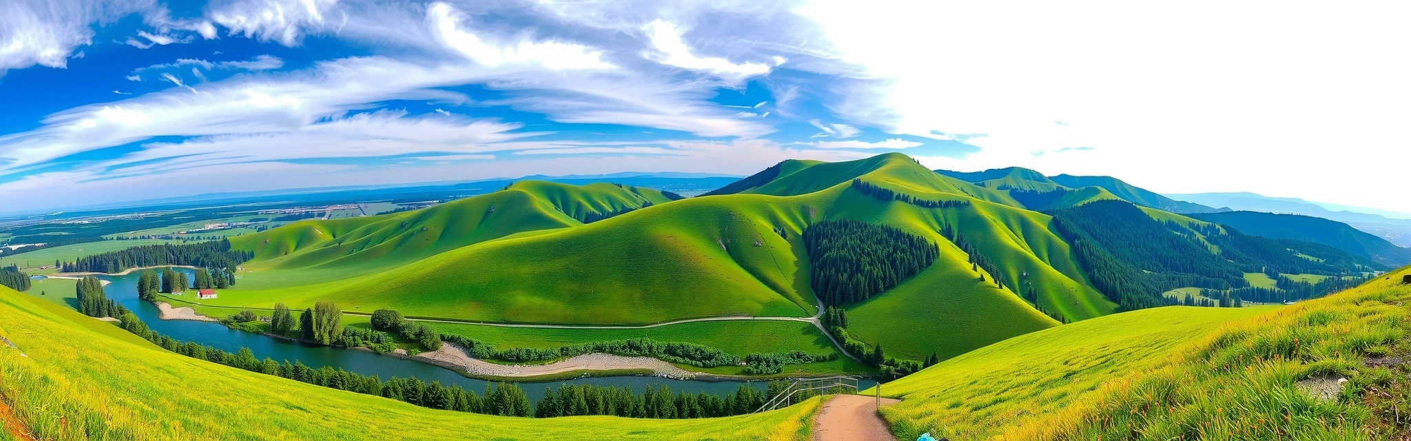 Serene natural landscape with vibrant green fields and clear blue sky, symbolizing vitality and wellness